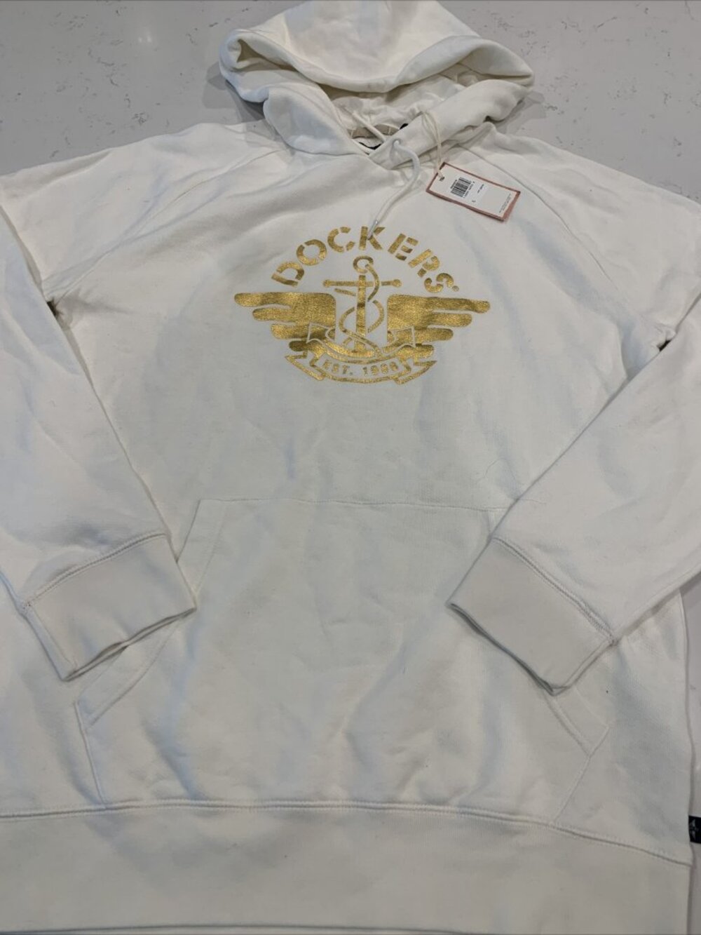 Dockers Metallic Logo Print Kangaroo Pocket Raglan Hoodie Sweatshirt Large NWT